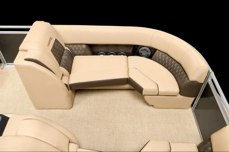 Slide: The Image of 2022 Harris Solstice 230 boat interior with beige and brown seating. - 15