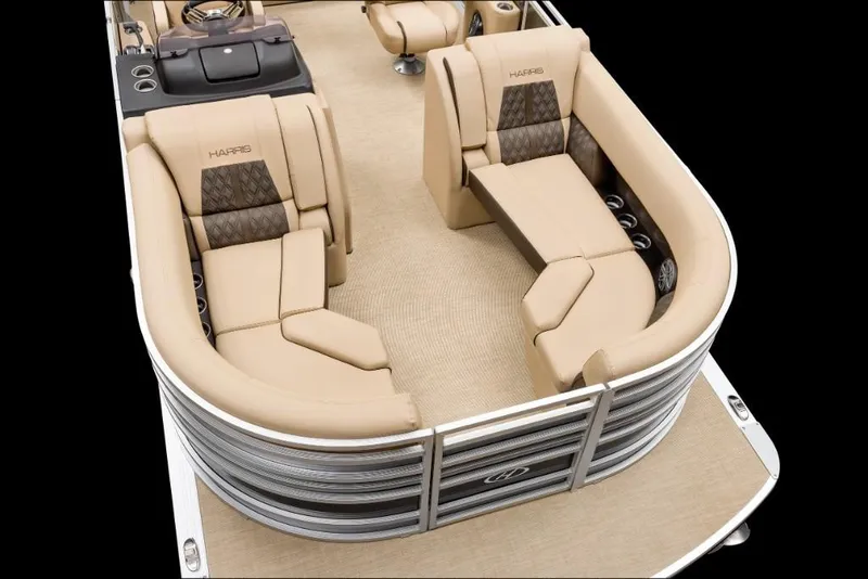 Slide: The Image of 2022 Harris Solstice 230 pontoon boat with luxurious beige seating and modern design. - 16