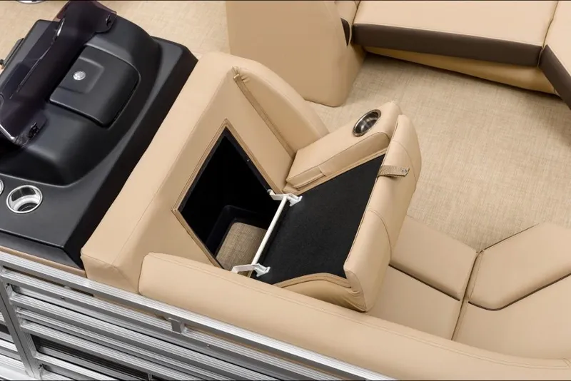 Slide: The Image of 2022 Harris Solstice 230 boat with beige seating and storage compartment. - 17