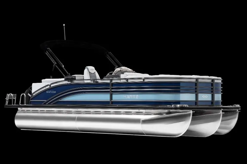 Slide: The Image of 2022 Harris Solstice 230 pontoon boat with sleek blue and silver design. - 2