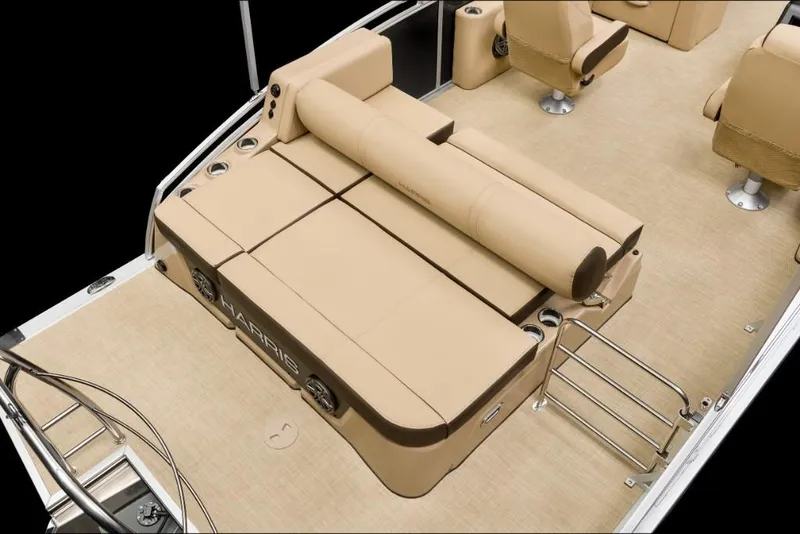 Slide: The Image of 2022 Harris Solstice 230 boat interior with beige seating and stainless steel ladder. - 22