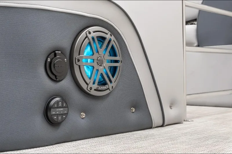 Slide: The Image of Close-up of 2022 Harris Solstice 230 boat speaker system with blue LED light. - 23
