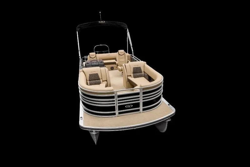 Slide: The Image of 2022 Harris Solstice 230 pontoon boat with beige seating and black exterior. - 3
