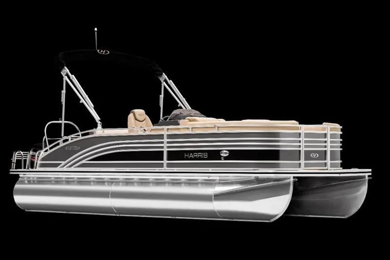 Slide: The Image of 2022 Harris Solstice 230 pontoon boat with black and beige design. - 7