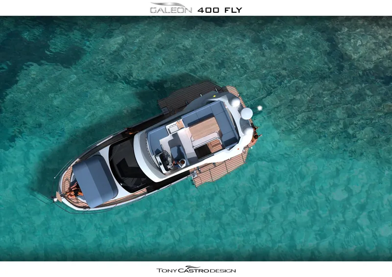 Slide: The Image of Aerial view of 2023 Galeon 400 Fly yacht on clear turquoise water. - 34