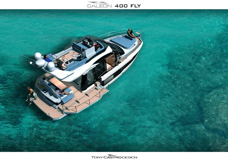 Slide: The Image of Aerial view of 2023 Galeon 400 Fly yacht on clear turquoise water. - 36