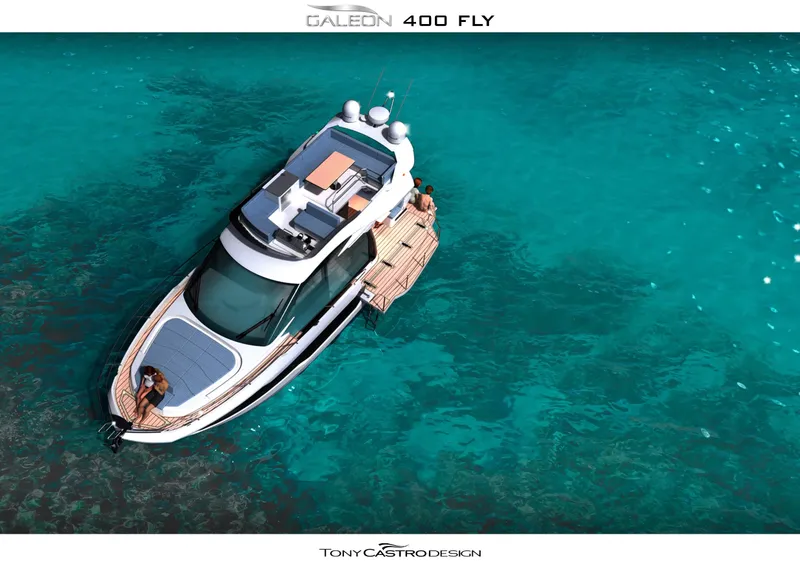 Slide: The Image of 2023 Galeon 400 Fly yacht on clear turquoise water, top view. - 38