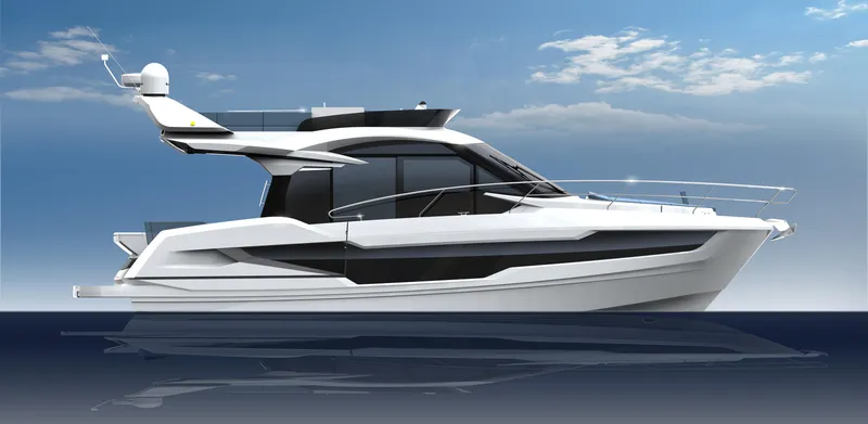 Slide: The Image of 2023 Galeon 400 Fly yacht on calm water under a blue sky. - 44