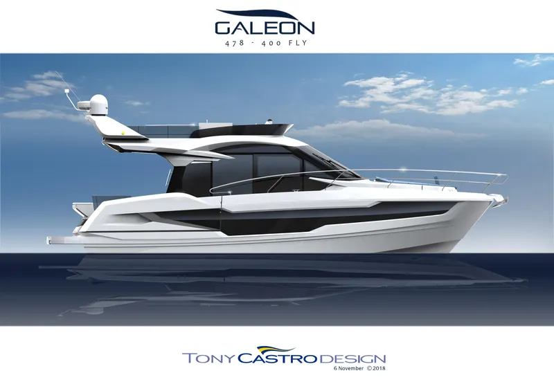 Slide: The Image of 2023 Galeon 400 Fly yacht, sleek design by Tony Castro, side view on water. - 46