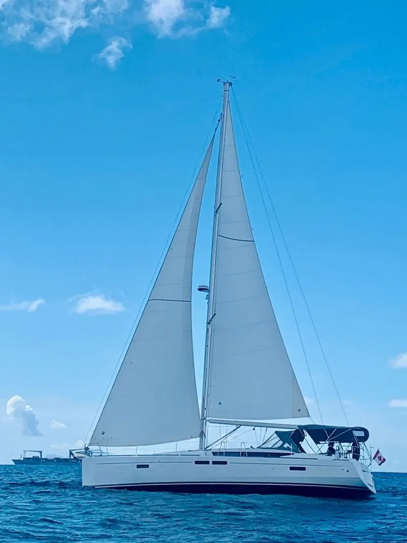 Slide: The Image of 2015 Jeanneau Sun Odyssey 469 sailing on open water under clear blue skies. - 8