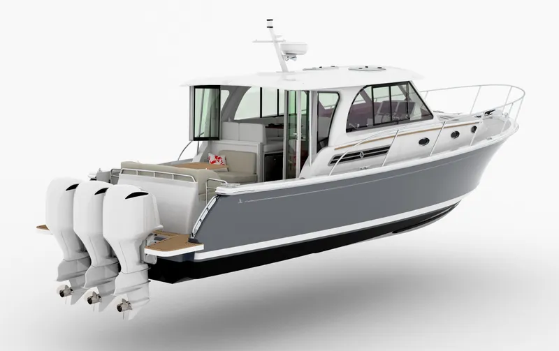 Slide: The Image of 2025 Back Cove 39O boat with triple outboard engines, sleek design. - 16