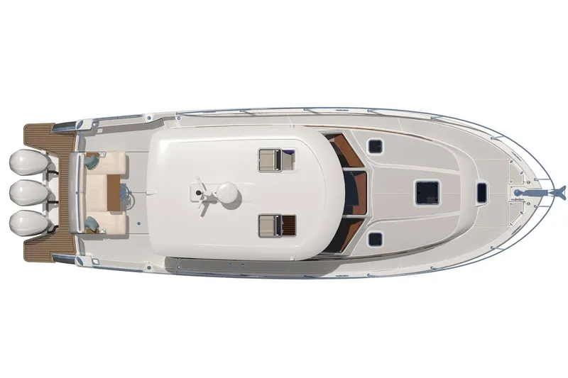 Slide: The Image of Top view of 2025 Back Cove 39O yacht with triple outboard engines. - 17