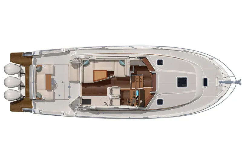 Slide: The Image of Top view of 2025 Back Cove 39O boat layout with triple outboard engines. - 18