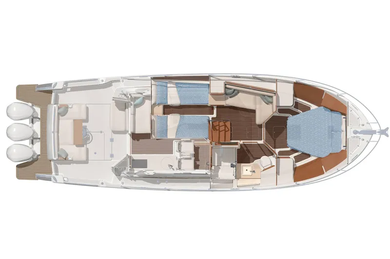 Slide: The Image of Top view layout of 2025 Back Cove 39O yacht with triple outboard engines. - 19