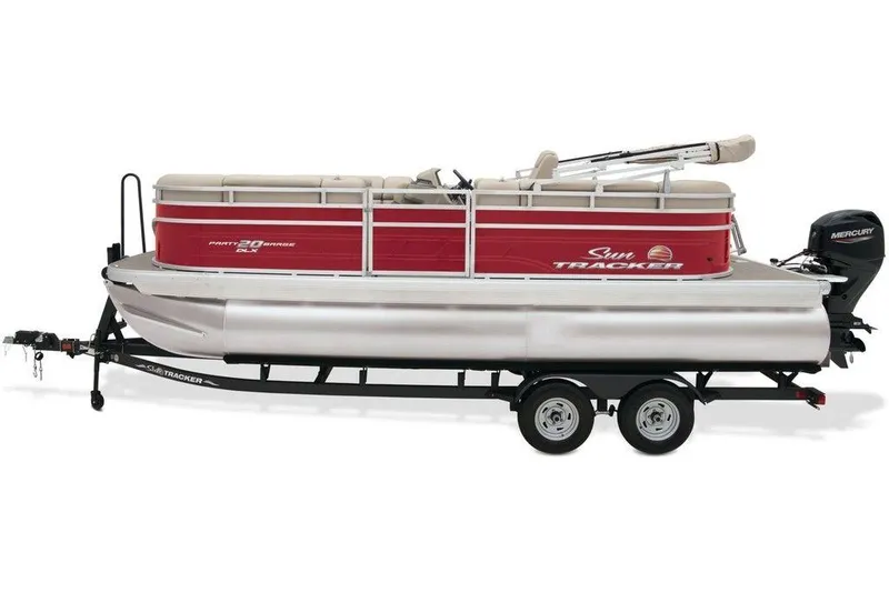 Slide: The Image of 2024 Sun Tracker PARTY BARGE® 20 DLX pontoon boat on trailer, side view. - 5