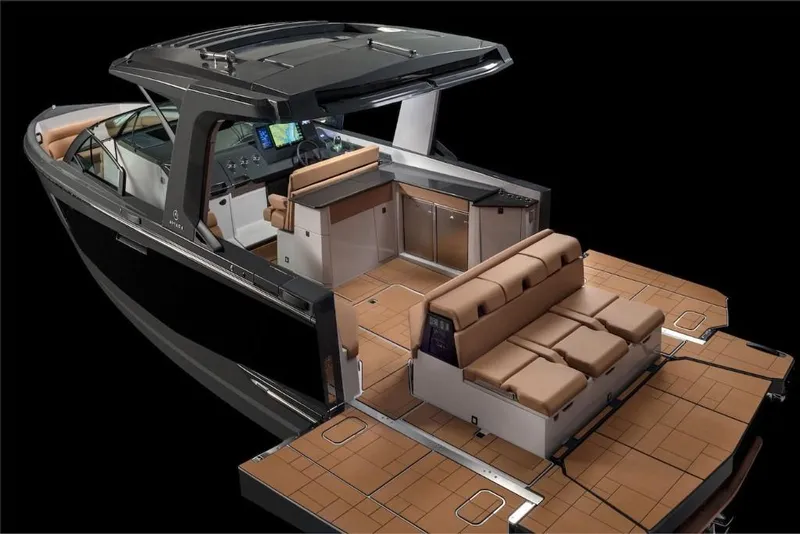 Slide: The Image of 2023 Aviara AV40 luxury boat with spacious seating and modern design. - 17