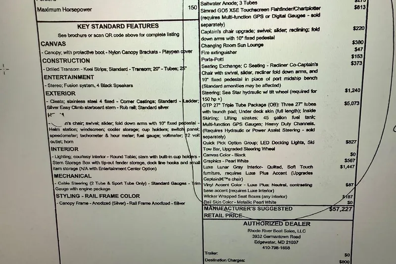 Slide: The Image of Sweetwater 2286 SFL 2020 boat features list with pricing and dealer information. - 17