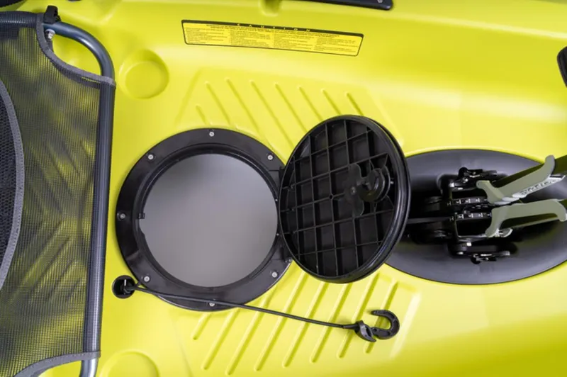 Slide: The Image of 2023 Hobie Mirage Passport 10.5 kayak with open storage hatch and pedal drive system. - 12