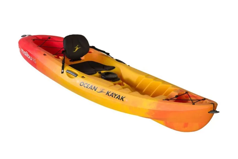 Slide: The Image of 2023 Ocean Kayak Malibu 9.5, sit-on-top kayak, vibrant orange and yellow design. - 13