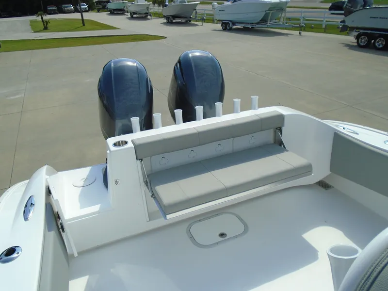 Slide: The Image of 2024 Cape Horn 27XS boat with twin engines and rear seating. - 5