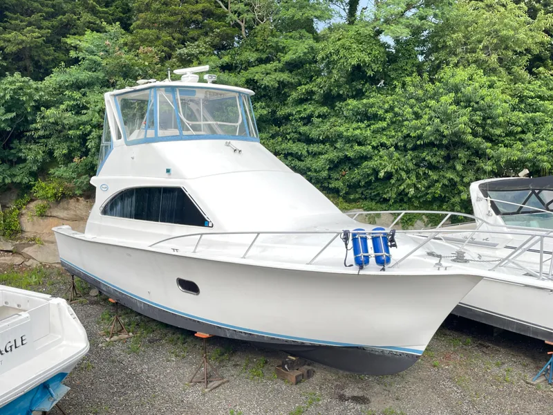 Slide: The Image of 1998 Ocean Yachts 40 Sport Fish boat on land, surrounded by greenery. - 2