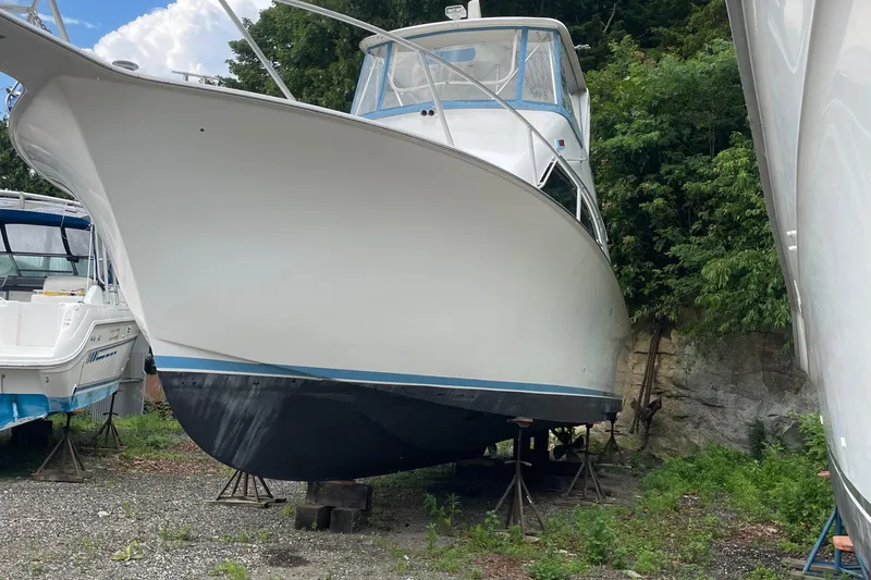 Slide: The Image of 1998 Ocean Yachts 40 Sport Fish boat on stands, surrounded by greenery. - 4