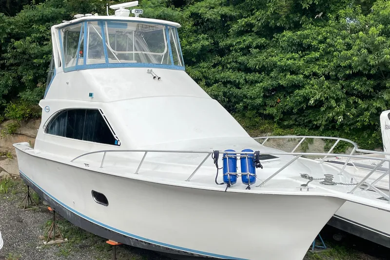 Slide: The Image of 1998 Ocean Yachts 40 Sport Fish boat on land, surrounded by greenery. - 3