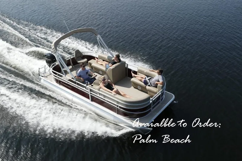 Slide: The Image of 2024 Starcraft LX 18 pontoon boat cruising on water, available to order in Palm Beach. - 0