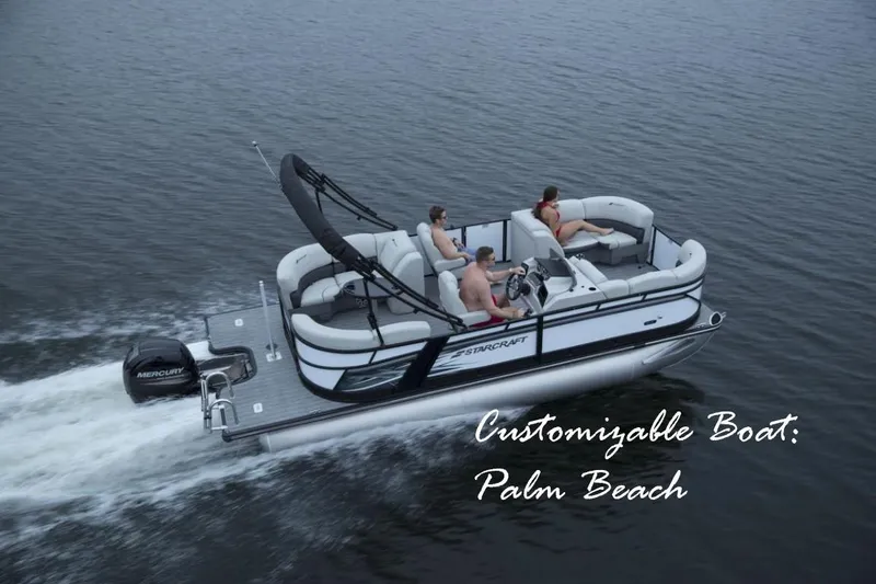 Slide: The Image of 2024 Starcraft SLS 1 pontoon boat cruising on water, customizable in Palm Beach. - 0