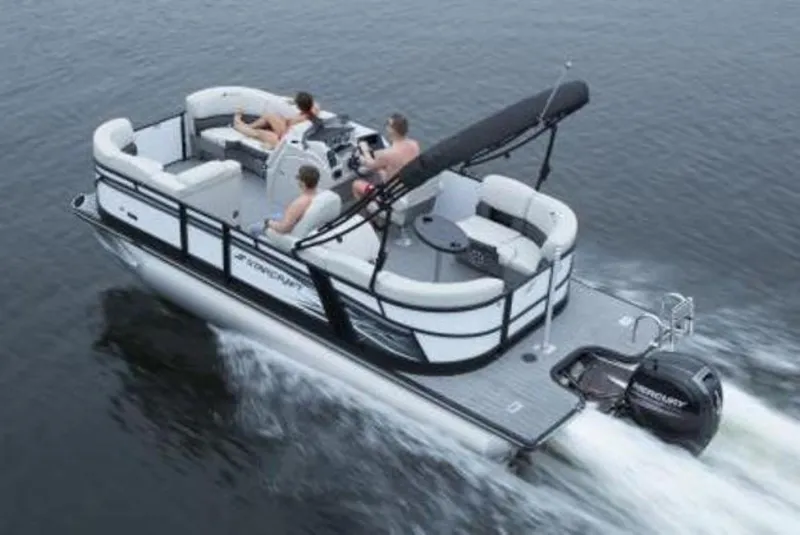 Slide: The Image of 2024 Starcraft SLS 1 pontoon boat cruising on water with passengers. - 8