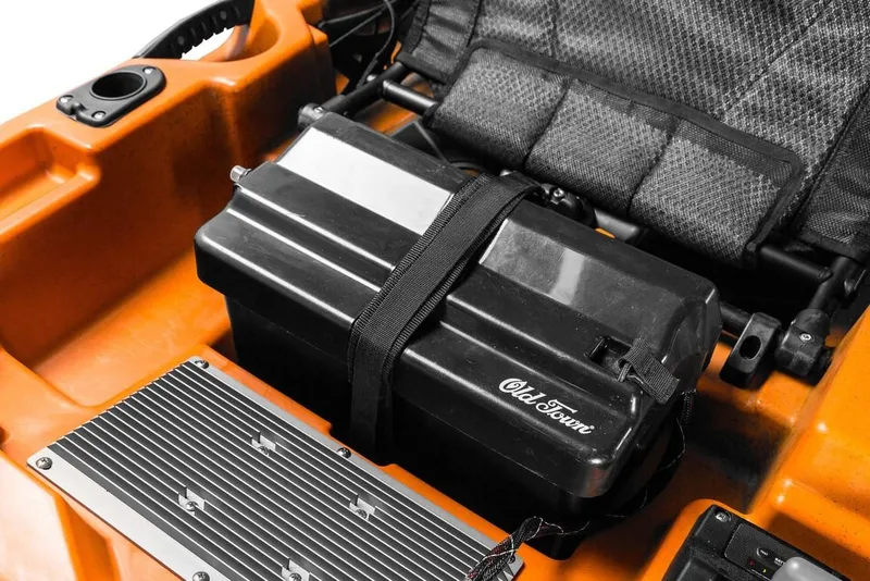 Slide: The Image of 2023 Old Town 106 Sportsman Minn Kota Power kayak battery compartment. - 11