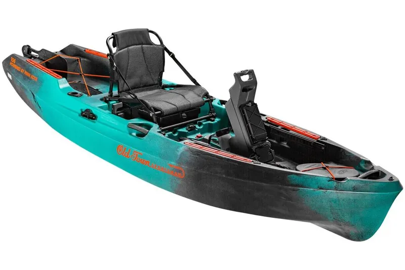Slide: The Image of 2023 Old Town 106 Sportsman Minn Kota Power kayak in teal and black. - 3