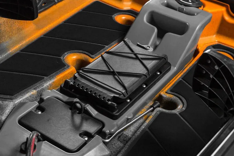 Slide: The Image of Close-up of 2023 Old Town 106 Sportsman Minn Kota Power kayak's storage compartment. - 7
