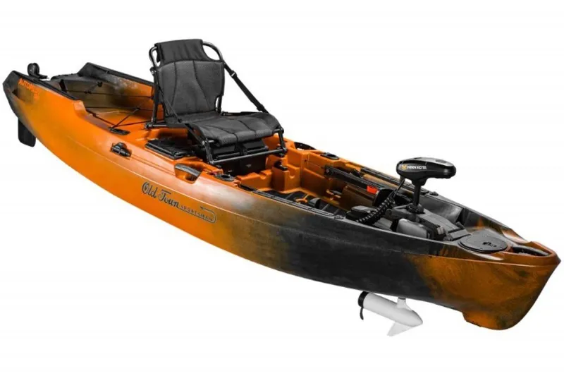 Slide: The Image of 2023 Old Town Sportsman Autopilot 120 kayak in orange and black. - 2
