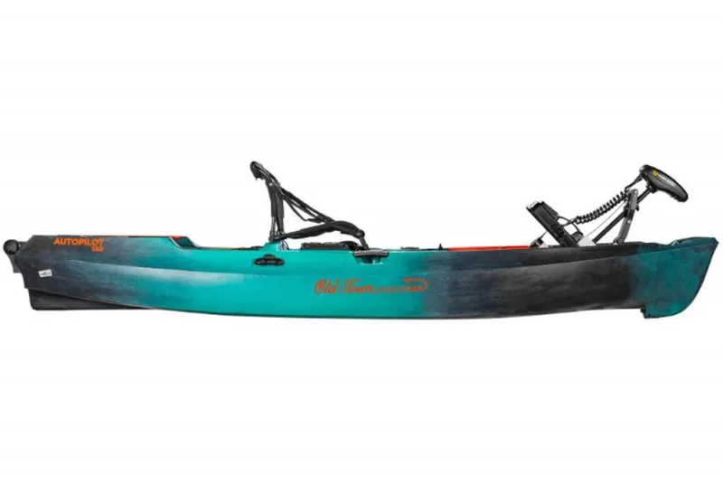 Slide: The Image of 2023 Old Town Sportsman Autopilot 120 kayak, side view, teal and black color. - 7