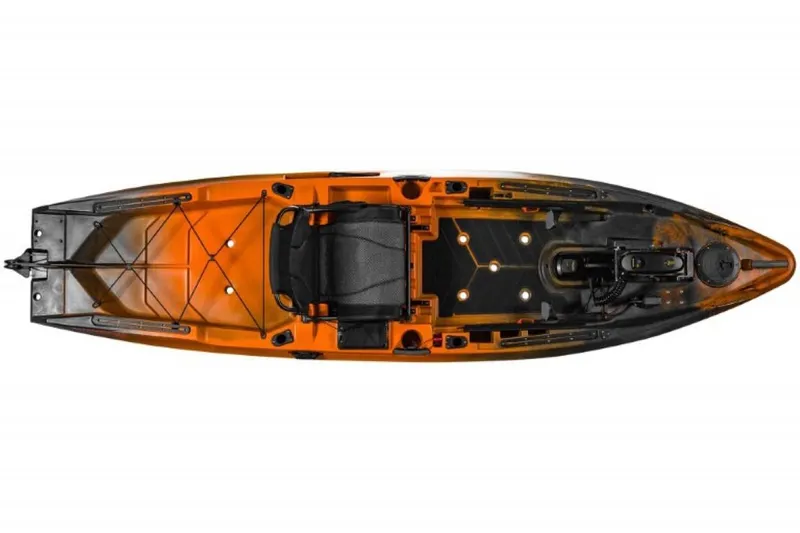 Slide: The Image of Top view of 2023 Old Town Sportsman Autopilot 120 kayak in orange and black. - 9