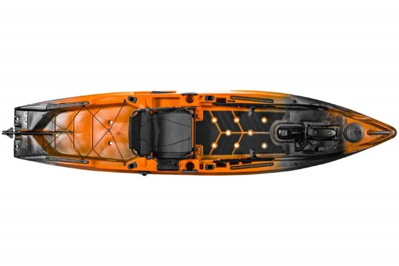 Slide: The Image of Top view of 2023 Old Town Sportsman Autopilot 136 kayak in orange and black. - 11