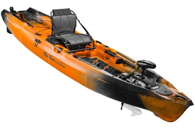 Slide: The Image of 2023 Old Town Sportsman Autopilot 136 kayak, orange and black, with motor and adjustable seat. - 3