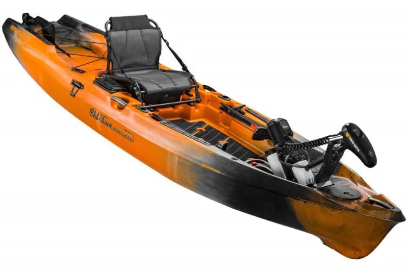 Slide: The Image of 2023 Old Town Sportsman Autopilot 136 kayak, orange and black, with motor and adjustable seat. - 5
