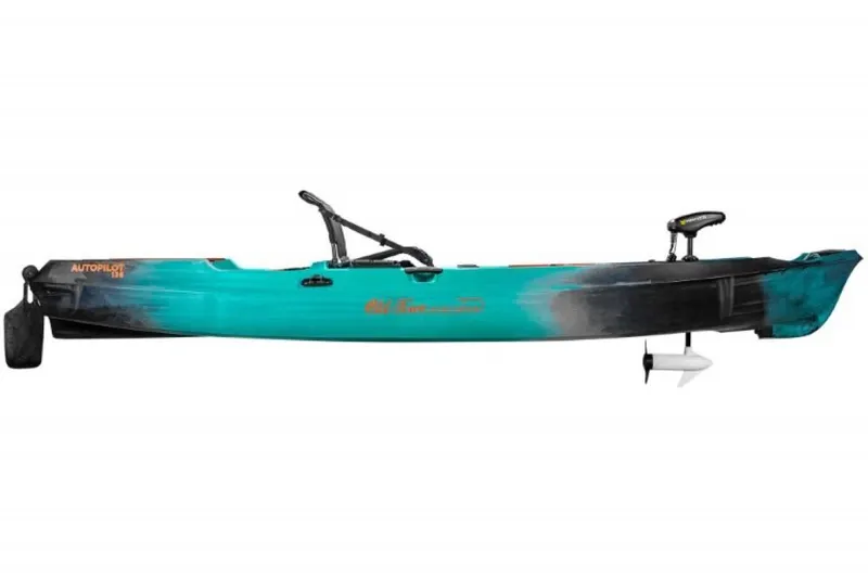 Slide: The Image of 2023 Old Town Sportsman Autopilot 136 kayak, turquoise and black, side view. - 6