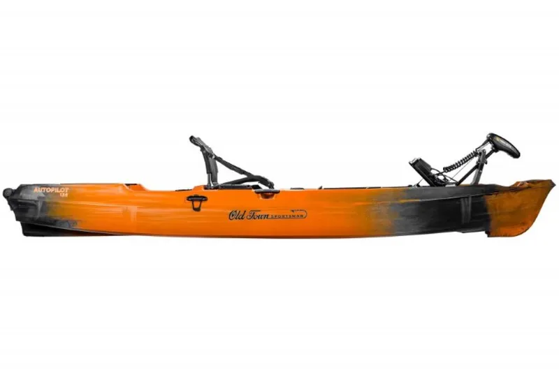 Slide: The Image of 2023 Old Town Sportsman Autopilot 136 kayak, orange and black, side view. - 9