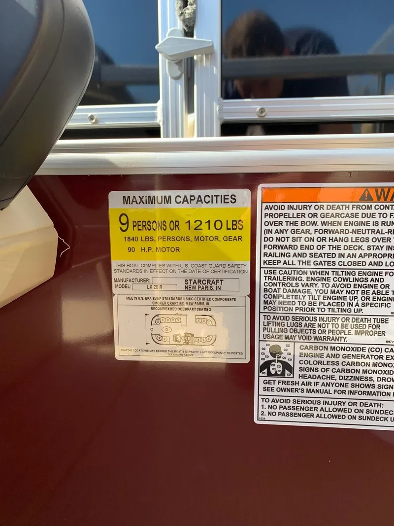 Slide: The Image of 2024 Starcraft LX20R boat capacity label, 9 persons or 1210 lbs, safety warnings visible. - 14