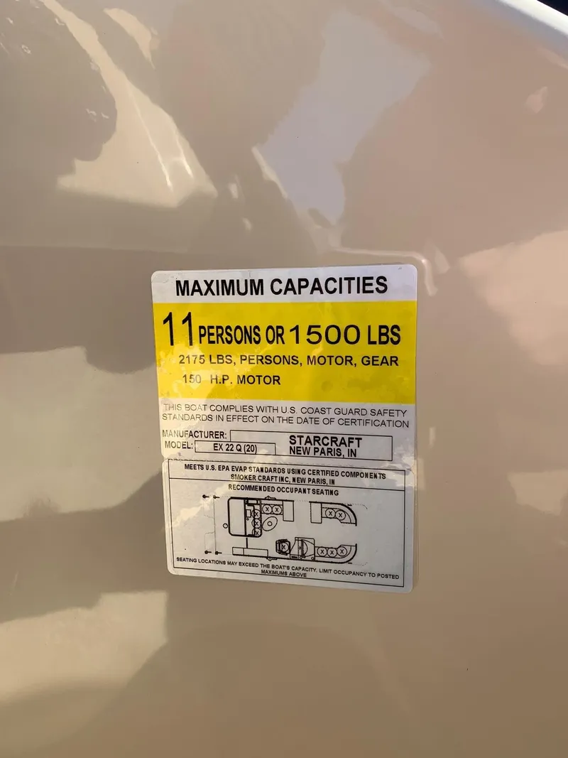 Slide: The Image of 2024 Starcraft EX22Q maximum capacity label: 11 persons or 1500 lbs. - 17