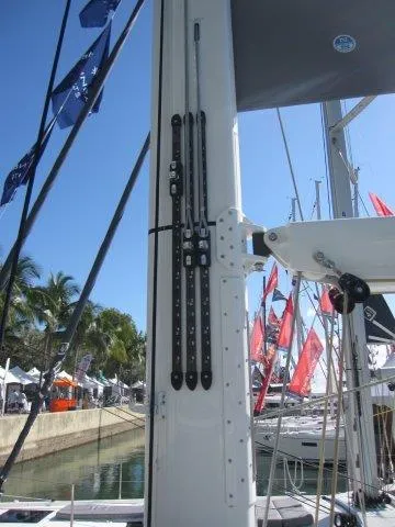 Slide: The Image of Close-up of Jeanneau Yacht 65 mast and rigging, 2025 model, at a marina. - 31