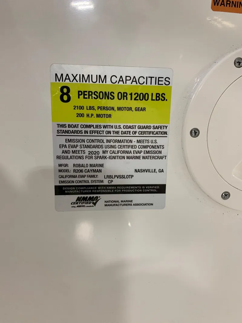 Slide: The Image of 2024 Robalo 206 Cayman boat capacity label: 8 persons or 1200 lbs, 200 HP motor. - 4