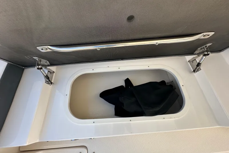 Slide: The Image of Storage compartment on a 2019 Chaparral 347 SSX boat, featuring a sleek handle design. - 16