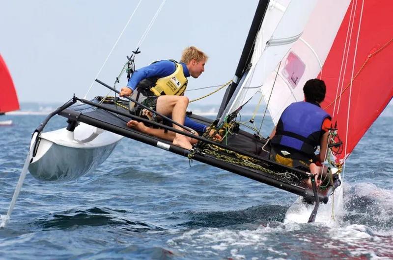 Slide: The Image of Two sailors on a 2023 Hobie Cat H16 catamaran in action. - 2