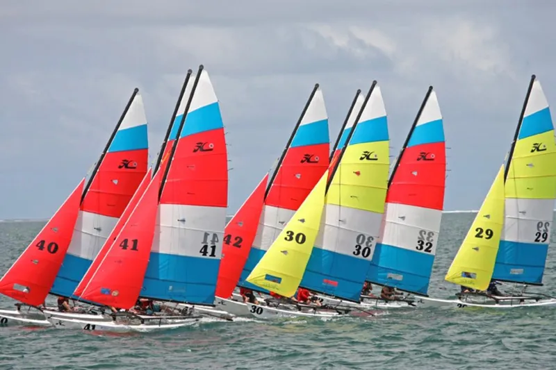 Slide: The Image of Colorful Hobie Cat H16 sailboats racing on the ocean, 2023 model. - 4