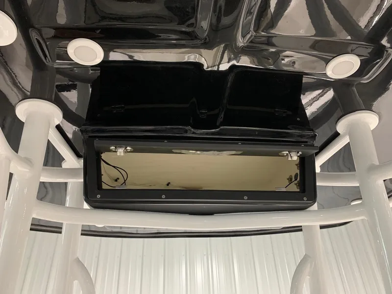 Slide: The Image of 2024 Robalo R222 Explorer T-top electronics box and speakers. - 3