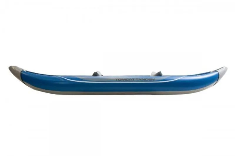 Slide: The Image of 2022 TomCat Tandem inflatable kayak, blue and gray, side view. - 1